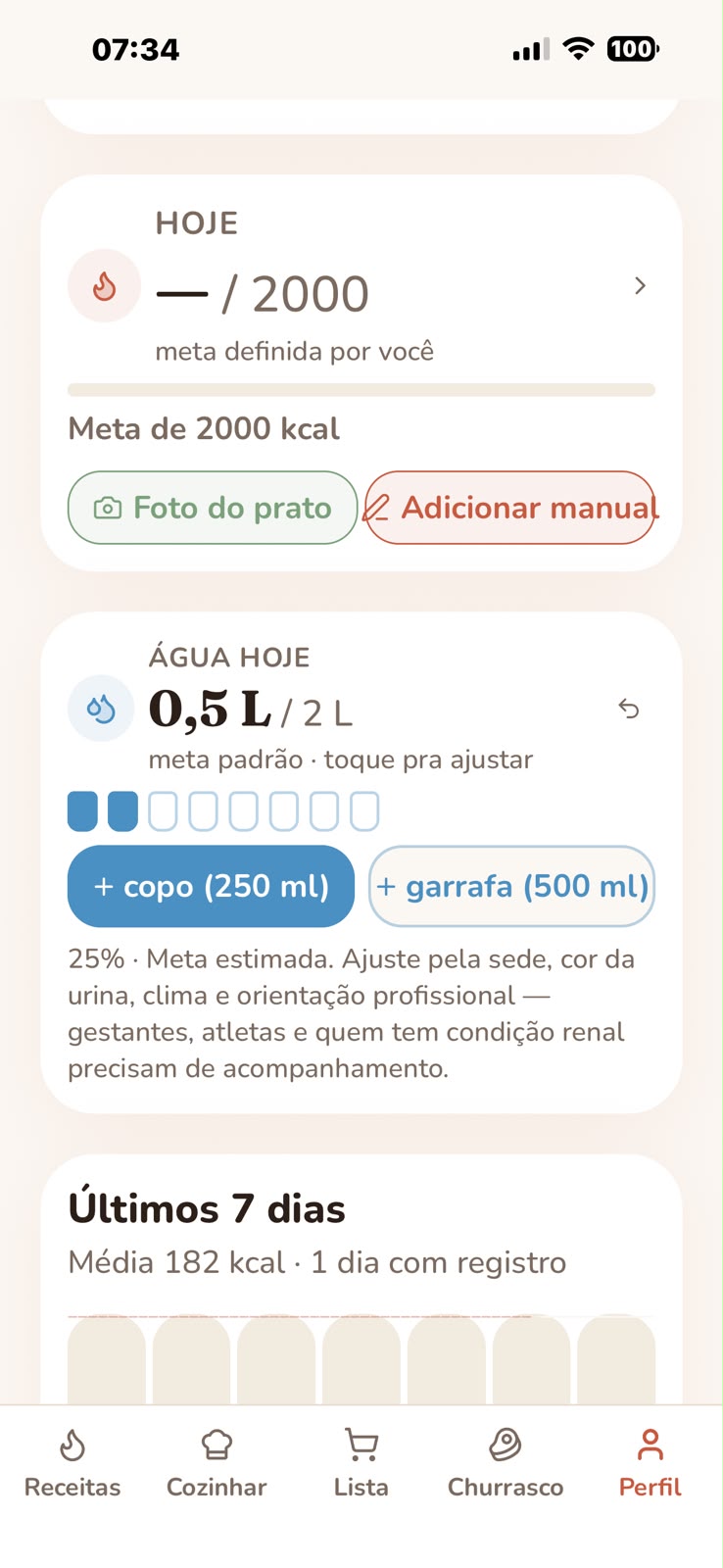 Calorias e água do dia