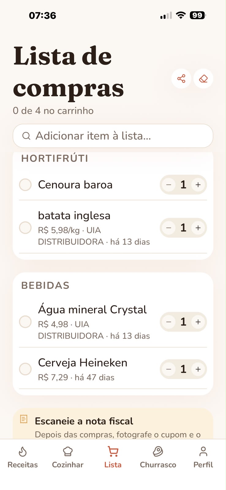 Lista com preço do mercado