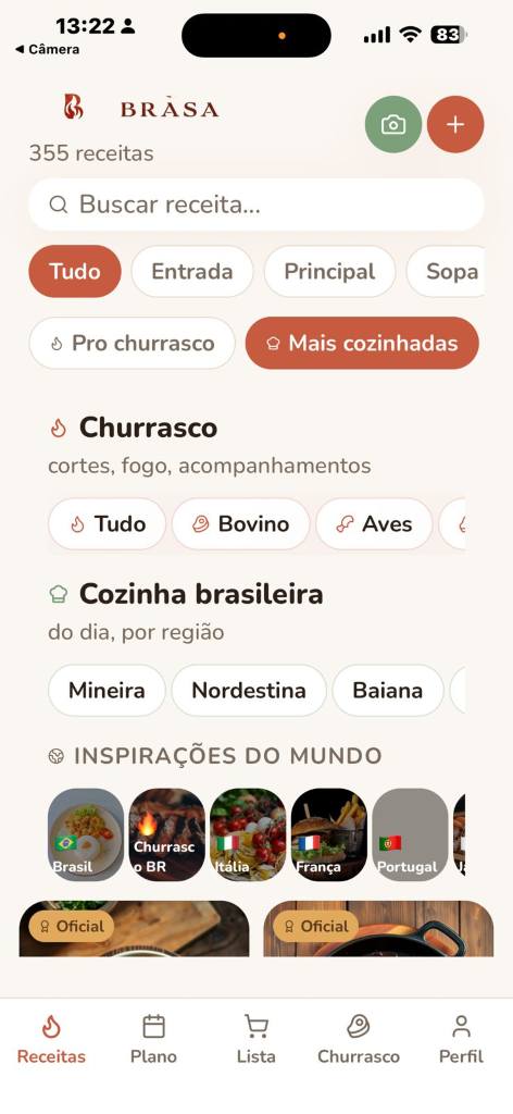 Tela inicial do app BRASA com receitas brasileiras e do mundo